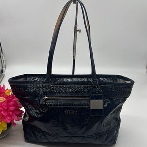 Coach Poppy Daisy Liquid Gloss Luxury Blue Patent Leather Tote Bag CP7646